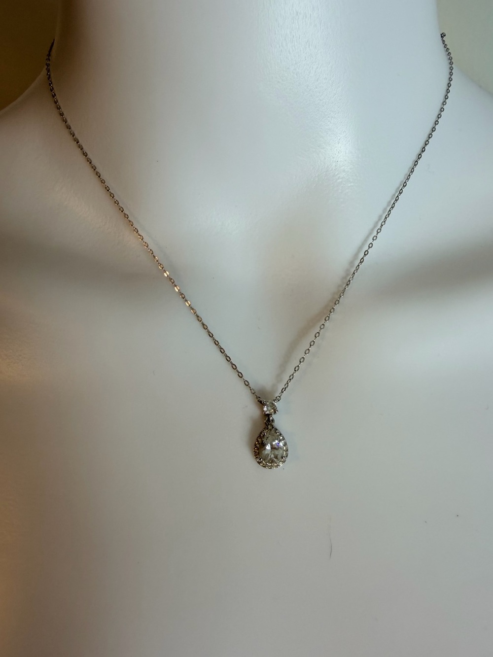 Silver Tone Clear Teardrop Pendant Necklace with Halo